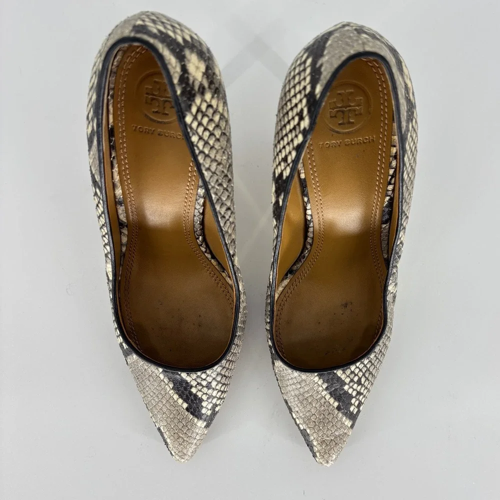 Tory Burch Elana Pointed Toe Pump Roccia Women Size 8 Snakeskin Embossed Leather